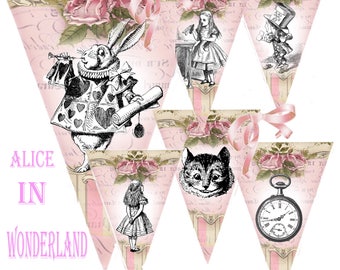 Alice In Wonderland bunting, Mad hatter Party decoration, Alice in wonderland garland, Party bunting, Wonderland bunting nursery decor