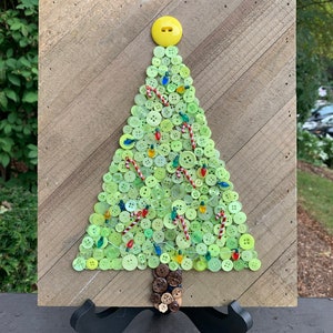 Christmas Tree Button Art on 10 x 12 Wood Plank Board With Decorative Lights image 4