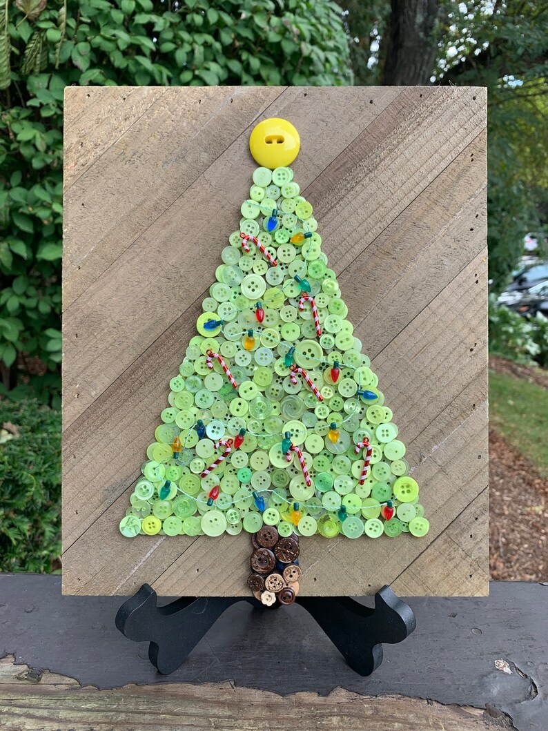 Christmas Tree Button Art on 10 x 12 Wood Plank Board With Decorative Lights image 4