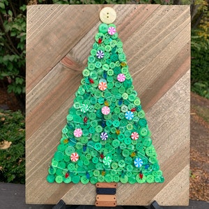 Christmas Tree Button Art on 10 x 12 Wood Plank Board With Decorative Lights image 9