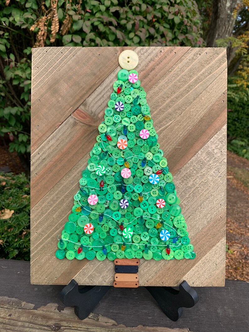 Christmas Tree Button Art on 10 x 12 Wood Plank Board With Decorative Lights image 9