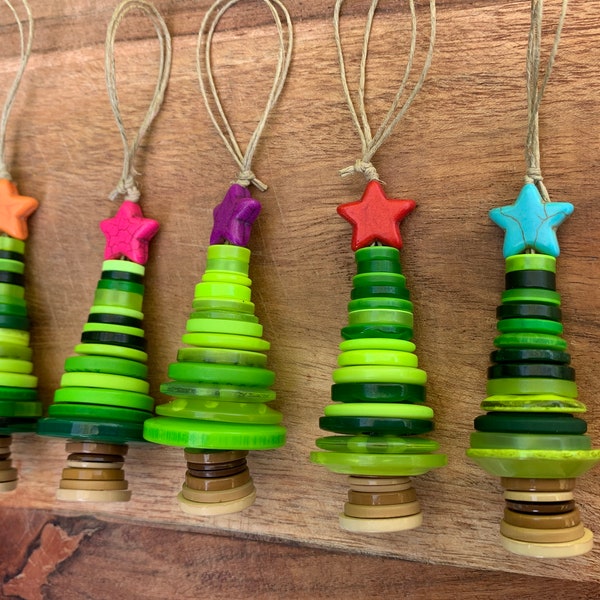 Button Christmas Tree Ornament- Green Buttons with Stone Star (Single Trees)