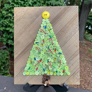 Christmas Tree Button Art on 10” x 12” Wood Plank Board With Decorative Lights