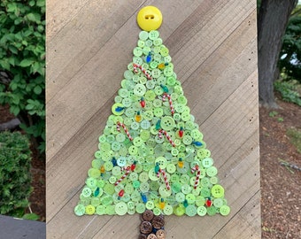 Christmas Tree Button Art on 10” x 12” Wood Plank Board With Decorative Lights