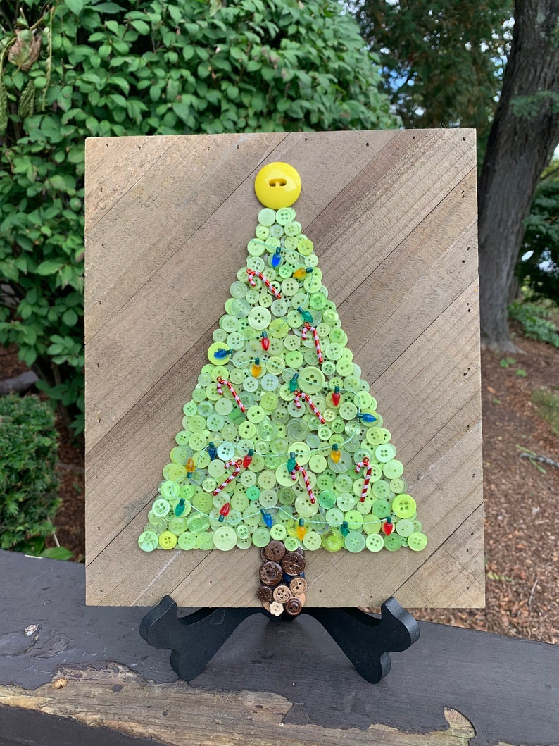 Christmas Tree Button Art on 10 x 12 Wood Plank Board With Decorative Lights Candy Canes