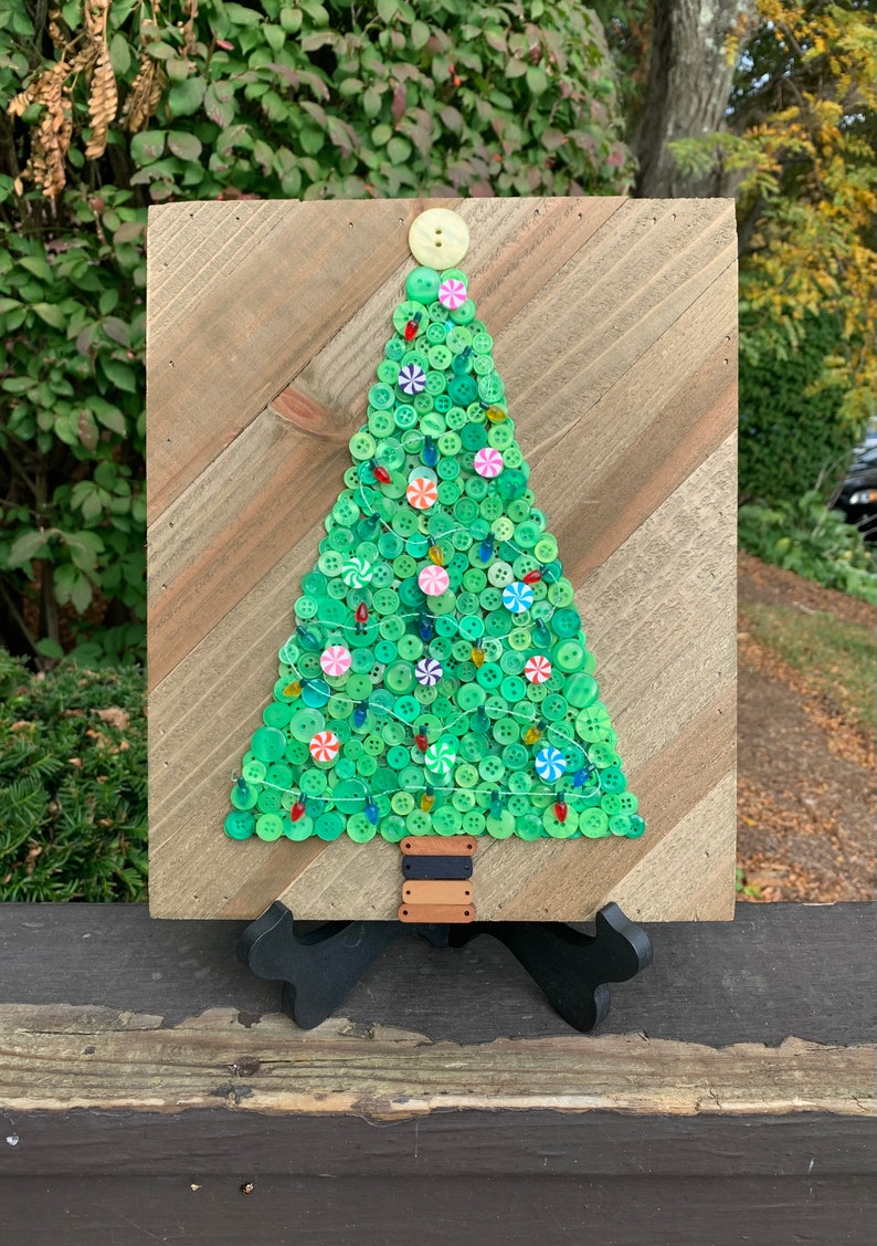 Christmas Tree Button Art on 10 x 12 Wood Plank Board With Decorative Lights Round Candy Beads