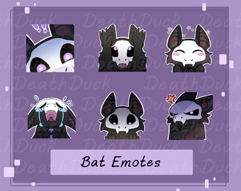 May include: A set of six digital emoticons featuring a cartoon bat with different facial expressions. The bat is black with a white skull-like face and has large, round eyes. The emoticons are labeled "Bat Emotes" and "Art by: DeathDuck".