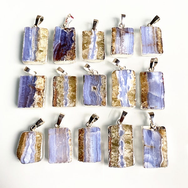 Natural Lace Blue Agate Pendant Necklace // Silver plated Blue lace agate druzy slice Pendants Charm in Rectangle Shaped (D8F4_40)