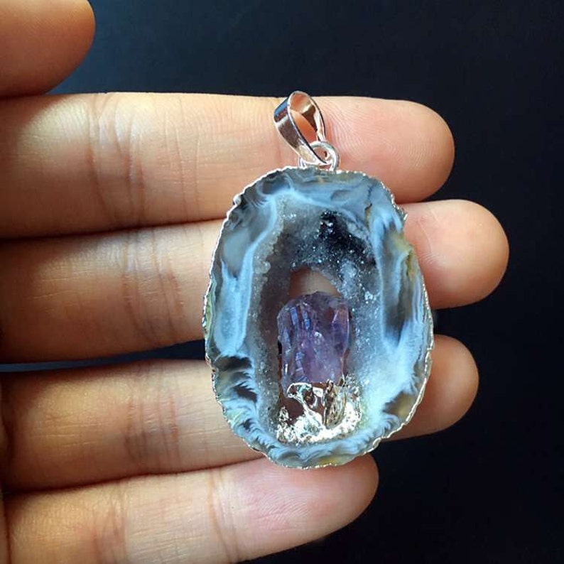 Natural Raw Amethyst Geode Agate Druzy Slice Pendants with Gold Electroplated, Silver Amethyst Geode Druzy // Wholesale price 1, 3, 5 B889 image 5