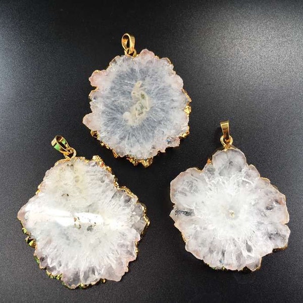 Mystical White Geode Slice Druzy Crystal Gemstone Pendant Charm Necklace with 24k gold Electroplated Cap and Bail (D54S21-11)