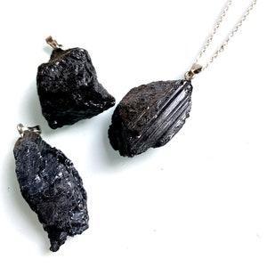 RAW Natural Black Tourmaline Charm Pendant Necklace - Raw Black Tourmaline with Silver Bail, Irregular shape Jewelry