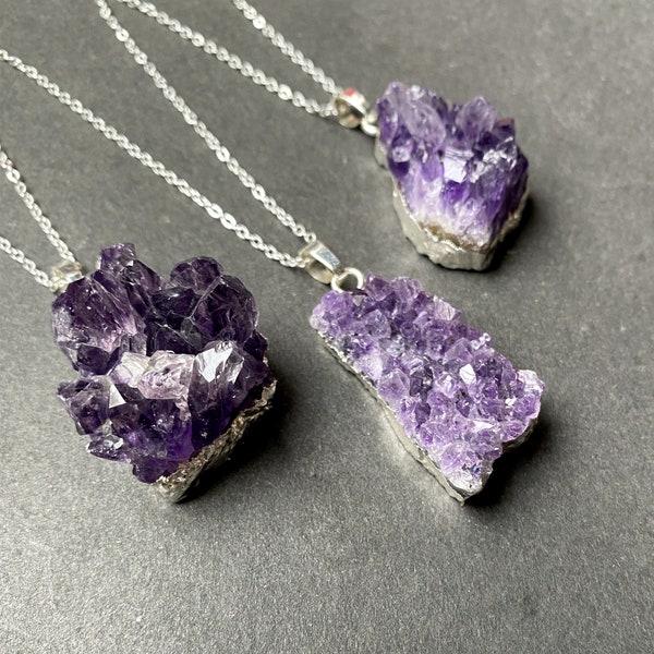 Raw Amethyst Necklace, Silver Amethyst Druzy, Natural Amethyst Cluster Druzy Drusy Druzzy Pendant with Silver Plated Irregular Shaped FS13