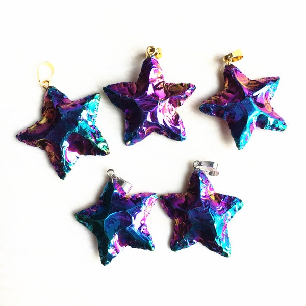 Rainbow Titanium Druzy Sea Star Shaped Charm Pendant with Silver/Gold Bails - Healing crystal stone Starfish Pendant Necklace Charm Jewelry