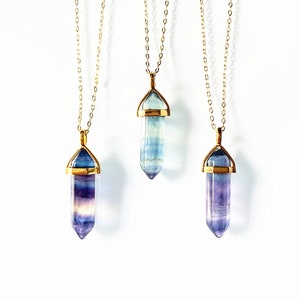 Gold Fluorite Stone Necklace, Natural Rainbow Fluorite Healing Crystal Double Terminated Point Pendant, Gold Bails Quartz Pencil Points