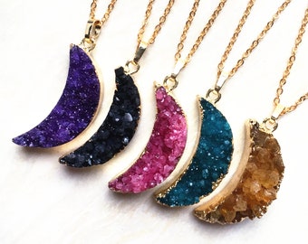 Colorful Quartz Crescent Moon Druzy Pendant - Druzzy Drusy Pendant with Gold Electroplated Edge - Raw Crystal - Natural Rough Stone