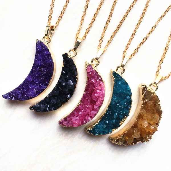 Colorful Quartz Crescent Moon Druzy Pendant - Druzzy Drusy Pendant with Gold Electroplated Edge - Raw Crystal - Natural Rough Stone