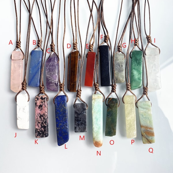 Healing Crystal Irregular Strip Shaped Quartz Slice Pendants with Adjustable Brown Rope Necklace, 17 Gemstone Necklaces for CHOOSE