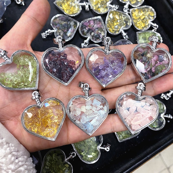 LOVE Heart Natural Chakra Gemstone Chip Beads Pendant, Clear Glass Bottle Pendant Findings, 7 stones for choose