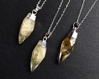 Natural Faceted Citrine Stone Pendant Necklace // Citrine Gemstone Point Pendant with Silver Plated // Healing Stone Quartz Chain Necklace