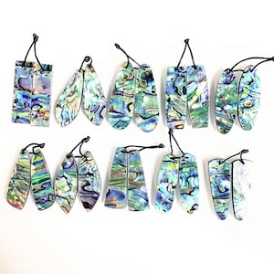 May include: A set of 10 abalone shell earrings in various shapes and sizes. The earrings are iridescent with shades of blue, green, and purple. Each earring has a black cord attached for hanging.