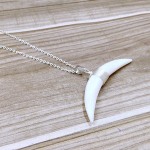 Large Horn Pendant Necklaces // Tribal Ox Horn Double Horn Necklace // White Shell  Double Horn Pendant with Silver Plated Wire Wrapped
