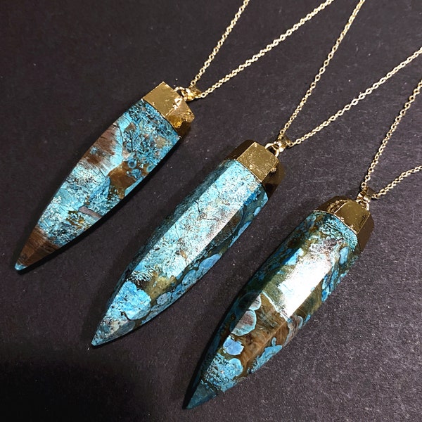 Large Point Natural Ocean Stone Blue impression Jasper Pendant, Stunning Natural Stone Colors, Ocean Jasper With Gold Plated Edge and Bail
