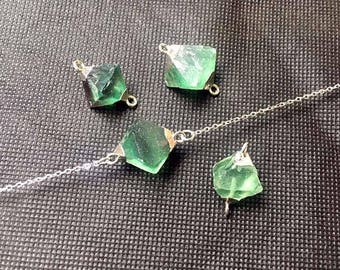 Beautiful Green Fluorite Necklace, Fluorite Stone Dice Connector Pendant with Silver Plated Doubal Bail FS07