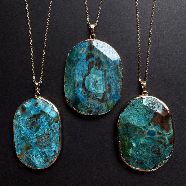 Beautiful Natural Stone Blue impression Jasper Pendant, Stunning Natural Stone Colors, Jasper With Gold Plated Edge and Bail