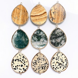 Teardrop Natural Super Thin Moss Agate Slice Druzy Jasper with Gold Plated - Double Bail Gemstone Pendant Connector (F1S55_08)
