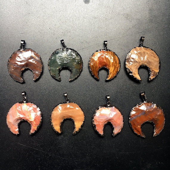 Large Jasper Crescent Double Horn Pendant Rough Jasper Moon Pendant Electroplated in Gunmetal Crescent Jewelry (S25J84_04)