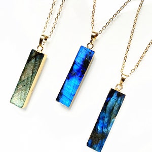 Polished Labradorite Rectangle Necklace // Flat Labradorite Rectangle Bar Pendant with Electroplated 24k Gold Edge (SD81_19)