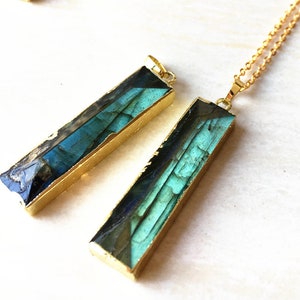 Labradorite Rectangle Necklace // Labradorite Rectangle Bar Pendant with Electroplated 24k Gold Edge (SD81_18)