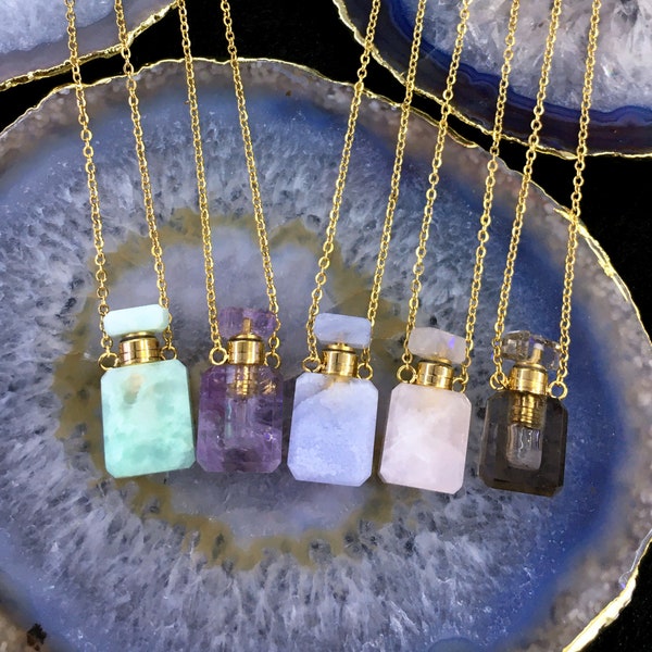12 pierres précieuses à choisir, collier pendentif petite bouteille de parfum rectangle, collier pendentif bouteille de parfum chakra cristal quartz bijoux