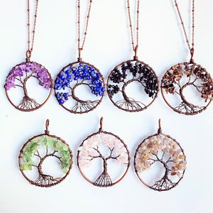 Chakra Healing Crystals Gemstone Family Tree Pendant Necklace, Crystal Chip Tree of Life Pendant with Antique Rose Gold Plated