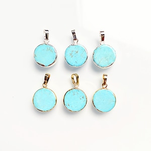 Petite Blue Turquoise With Electroplated 24k Gold - Silver Plated Round Turquoise Pendants Charm Necklace (F85S13_2)