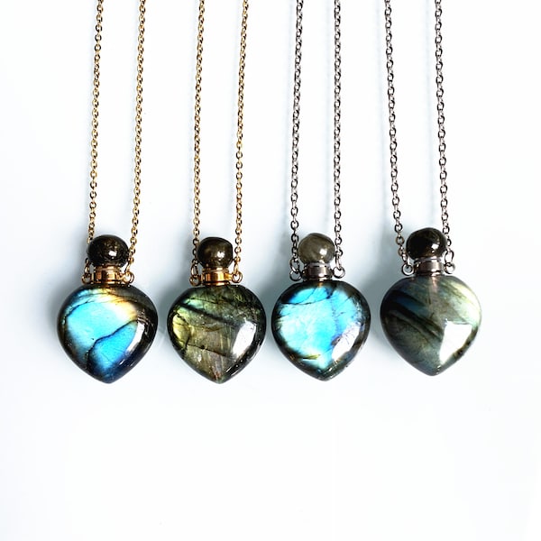 Gold Plated Labradorite stone Perfume Bottle Pendant Necklace, Heart Healing Crystal Love Quartz Jewelry, Silver Labradorite Chain Necklace