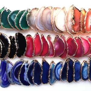 2MM Hole Agate Slice Druzy Pendant, Agate Slice Pendant with Gold Electroplated Edges - Choose Colorful agate slices - Freeform AGATE SLICES