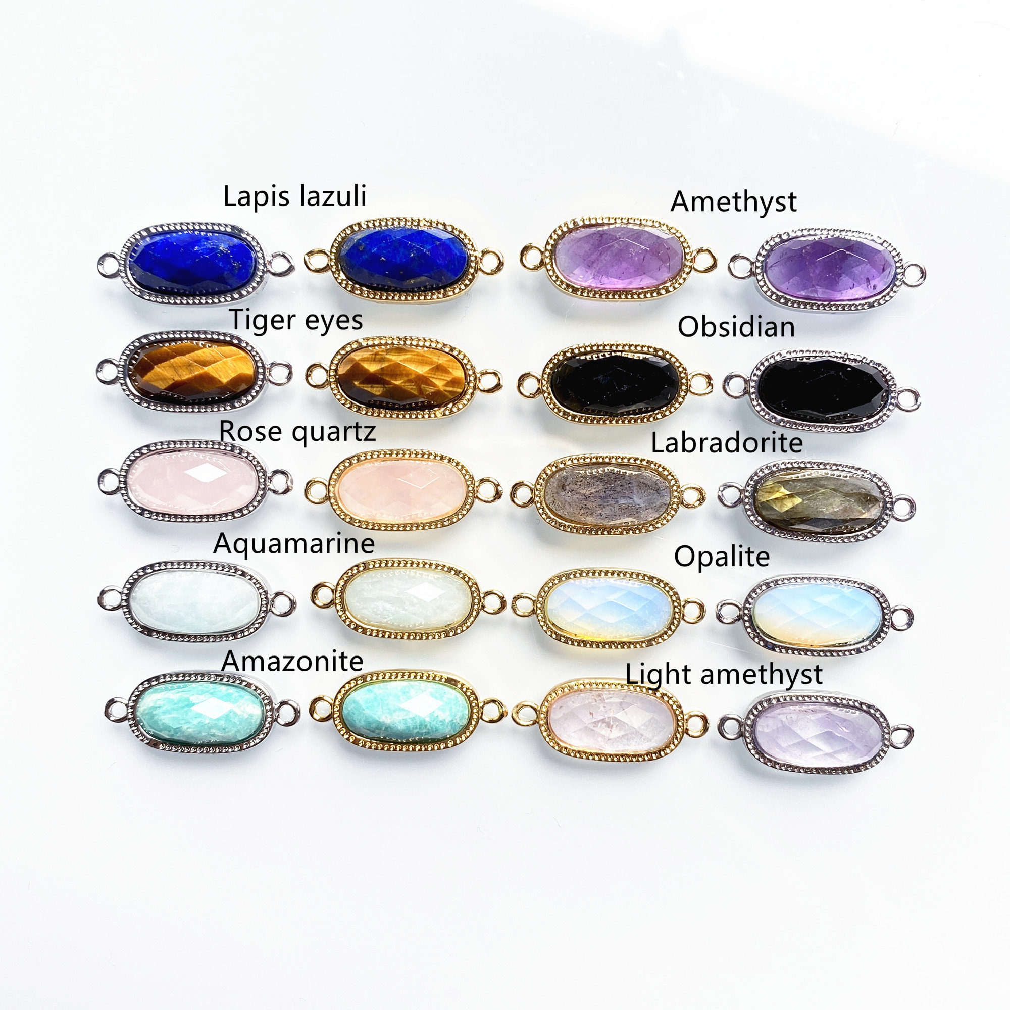 10 Gemstone Oval Bezel Crystal Quartz Double Bail Pendant Connector in Gold Plated, Silver Plated Bezel Healing Stone Jewelry Natural