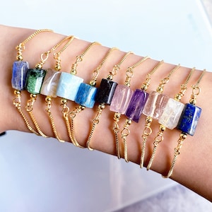 Gold Bracelet, 11 Healing Crystal Quartz Bracele, Tiny Polished Cylinder Gemstone Chain bracelet adjustable for Women Ladies, YOU CAN CHOOSE
