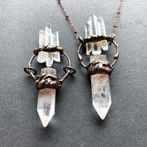 Natural Rock Quartz Point Pendant Necklace with Antique Rose Gold Plated -- Ring with Double Quartz Healing stone Point Necklace Chain