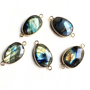 Labradorite Connector // Gold Labradorite gemstone Pendant // Silver Colorful Labradorite stone // Egg Shaped Labradorite with Double Bail