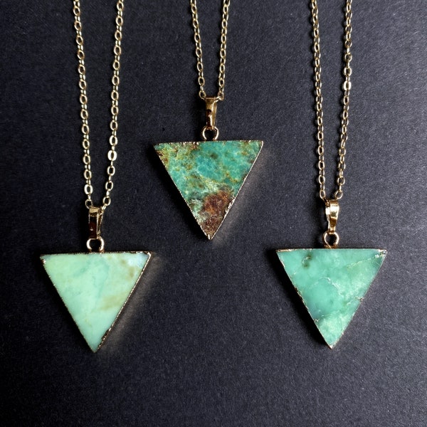 Chrysoprase Necklace, Natural Green Stone, Chrysoprase Triangle Pendants Charm with Gold Electroplated (D8F4_27)