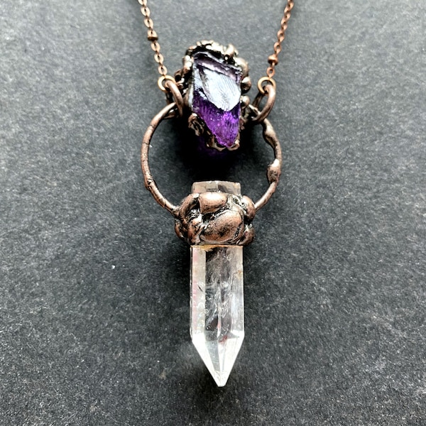 Raw Amethyst with Rock Quartz Point Pendant Necklace, Antique Rose Gold Plated Ring Quartz Point Healing stone Pendant