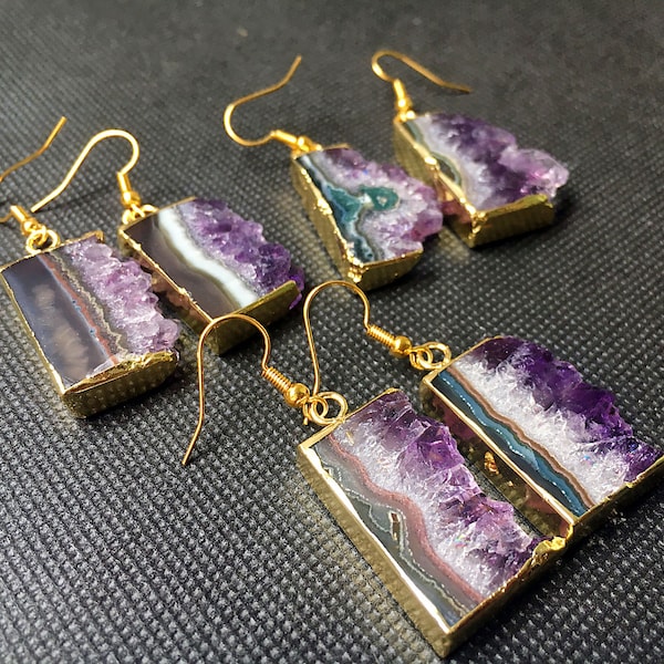 Amethyst Earrings // Gold Amethyst Earrings // Gold Raw Amethyst // Quartz Druzy Dangle Earring // Amethyst Druzy Pair Earring (xs96_10)