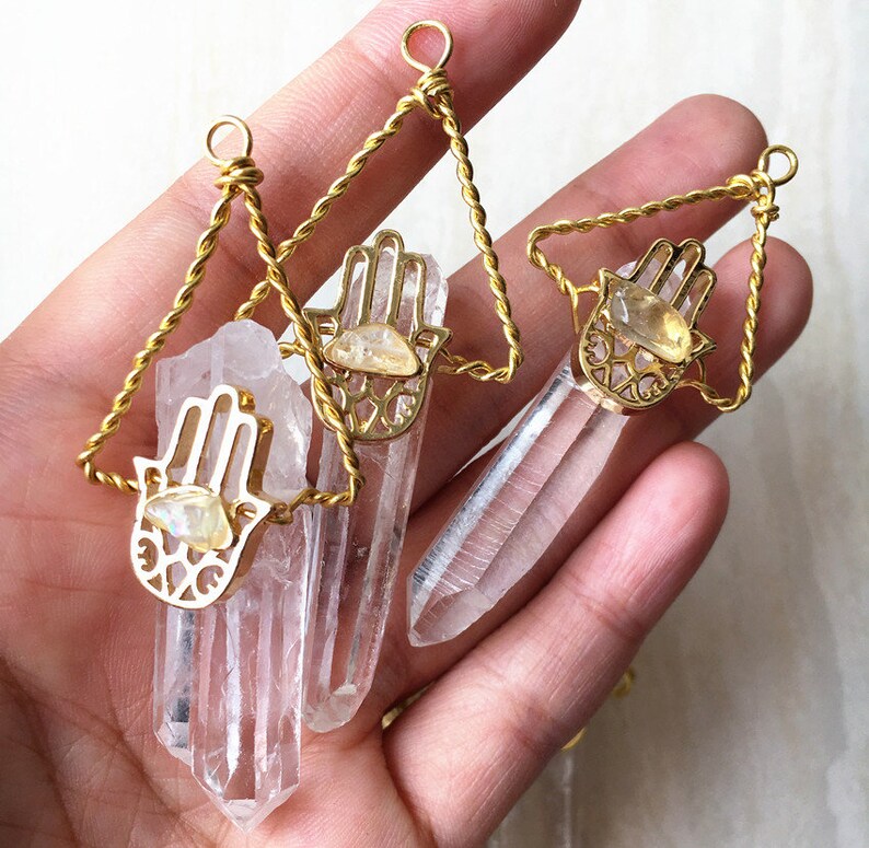 Citrine Amethyst Amazonite Long Rock Crystal Quartz Druzy Pendant with Healing Gemstone Hamsa Hand Wire Wrapped Gold Electroplated