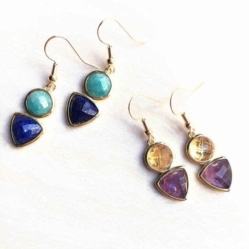 Faceted Gemstone Triangle Round Bezel Earring // Natural Etsy