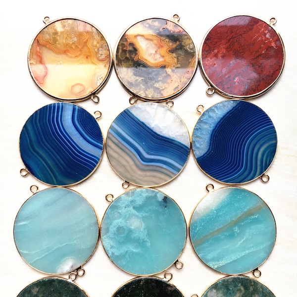 Large Natural Super Thin Lace Agate Slice Druzy Amazonite Stone with Gold Plated - Double Bail Round Shaped Pendant Connector (F1S55_10)