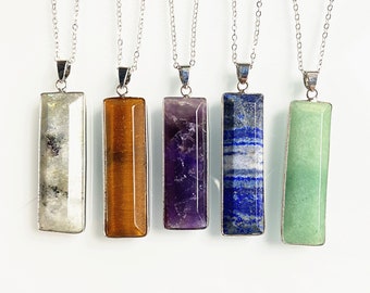 New Rectangle Faceted Amethyst Quartz Pendant Necklace, Labradorite Stone Healing Crystal Rectangle Bar Pendant with Silver Plated