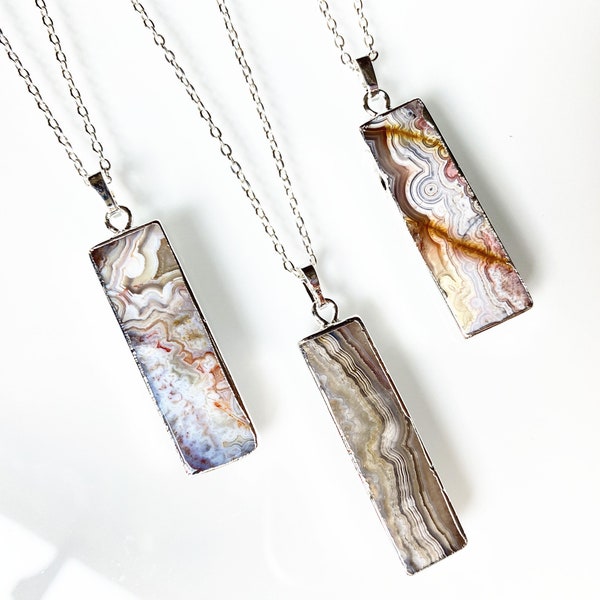 Colorful Lace Agate Rectangle Bar Pendant Necklace // Silver Plated Lace Agate Pendant, Colorful Agate Gemstone Charms Jewelry