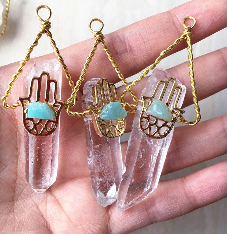 Citrine Amethyst Amazonite Long Rock Crystal Quartz Druzy Pendant with Healing Gemstone Hamsa Hand Wire Wrapped Gold Electroplated